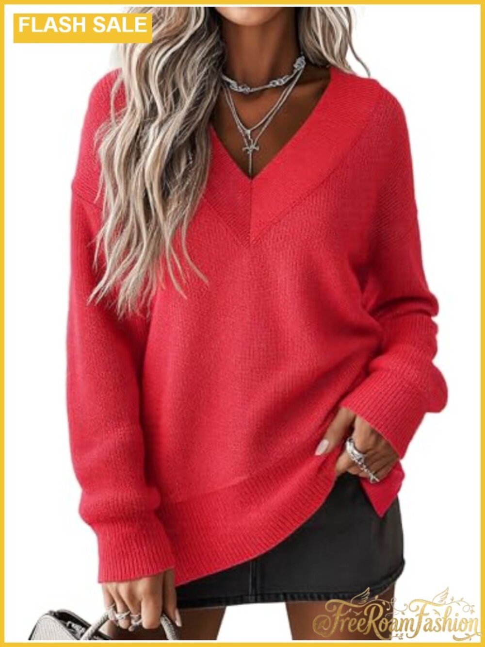 V Neck Pullover Sweater Long Sleeve Tops Loose Fit Fall Winter